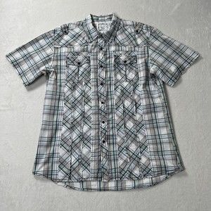 BKE Men's Short Sleeve Plaid Button-Down Shirt in White, Black & Teal